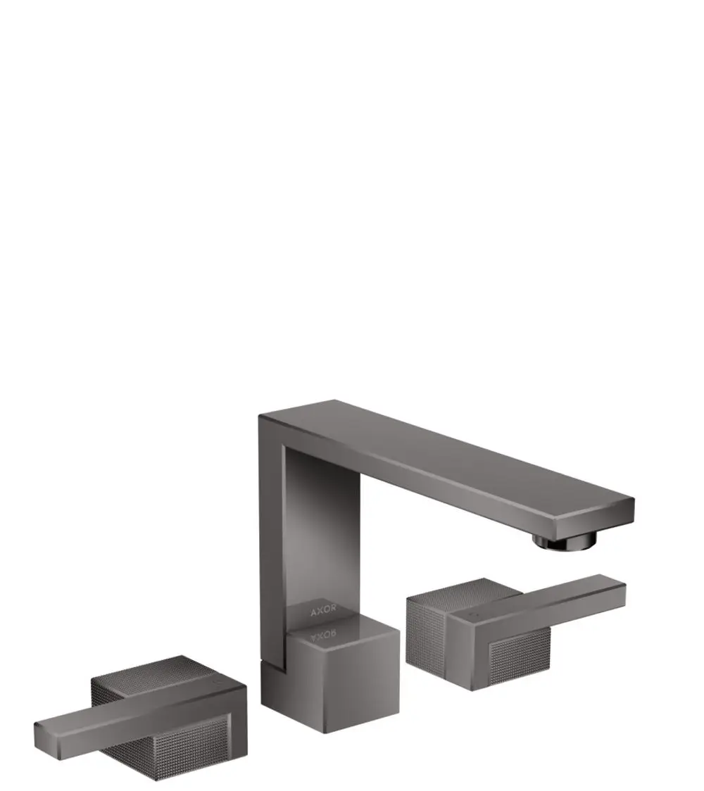 Drei teilige Waschtischarmatur in schwarzem Chromfinish von AXOR. Enthält einen Wasserhahn mit einer klaren Linie und zwei getrennte Bedienelemente.